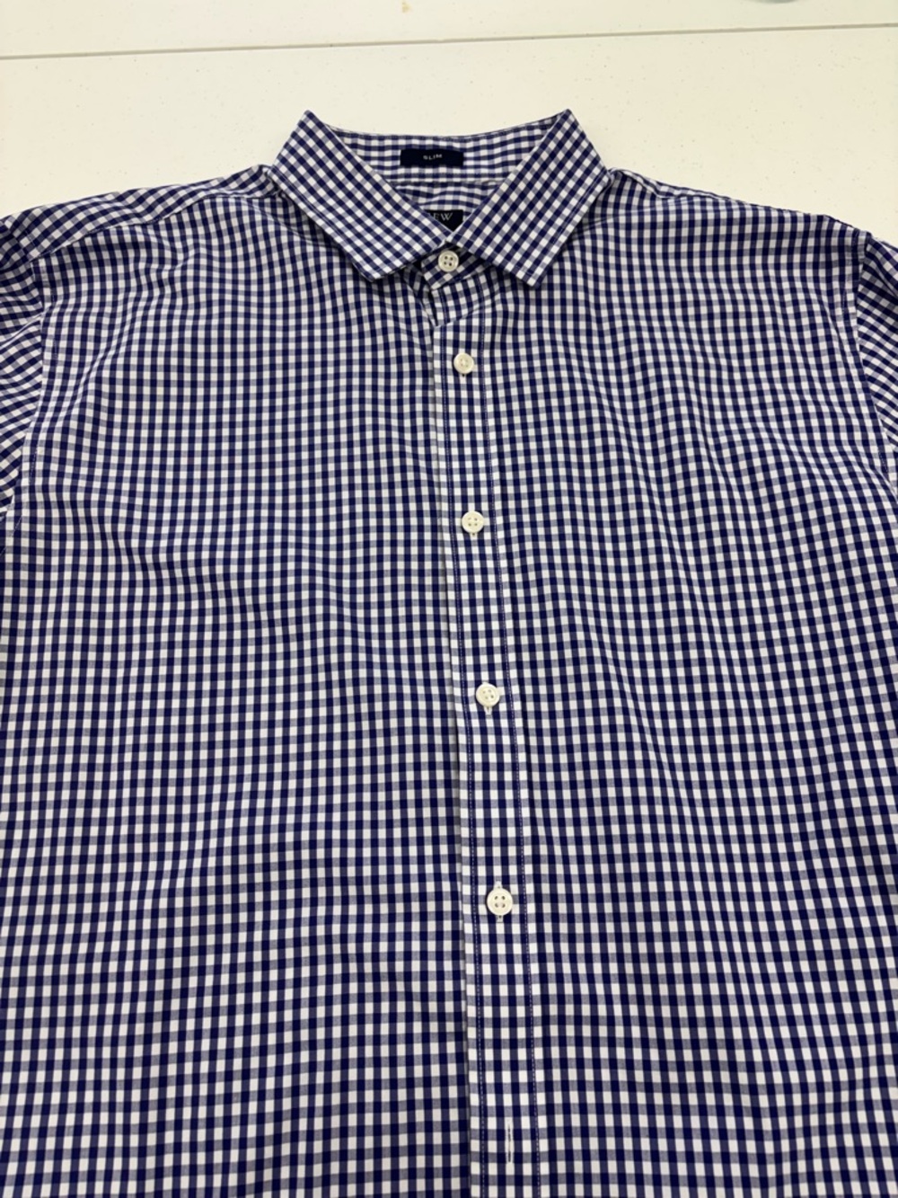 J CREW PERFORMANCE SHIRT MEN SLIM SIZE  LARGE NAVY BLUE & WHITE GINGHAM